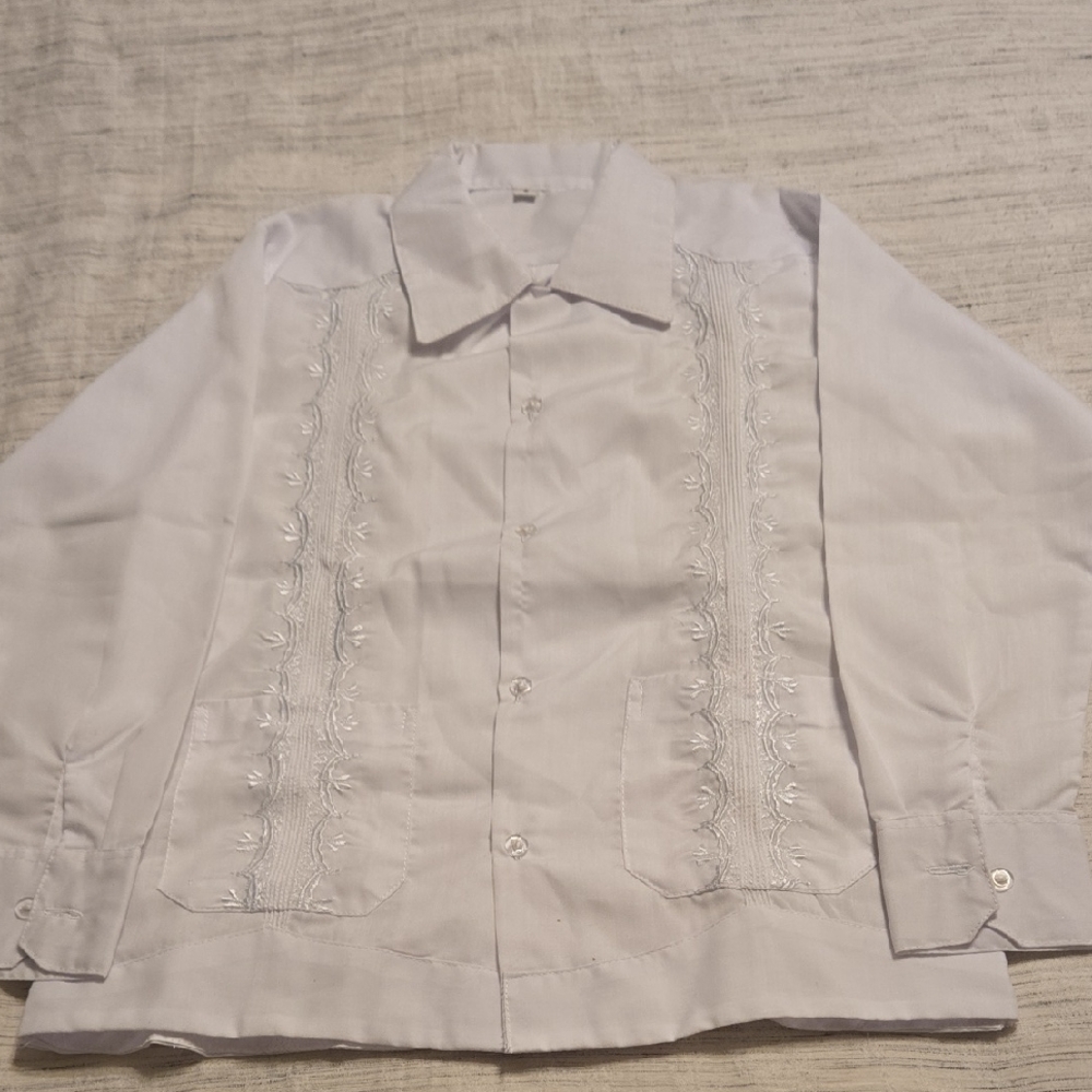 Boys Size 8 White Long Sleeve Guayabera - Handmade, Hand Emroidered